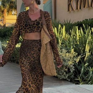 Fashion Loose Print Long Sleeve Crop Top With High Waist Maxi Skirt 2 Piece Set