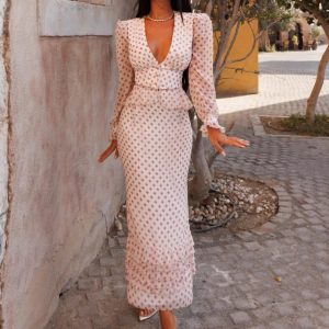 Fashion Slim Print Long Sleeve Crop Top With High Waist Long Skirt Set
