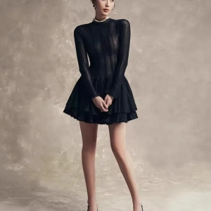 Fashion Solid Hollow Out Slimming O Neck Long Sleeve High Waist Temperament Dresses