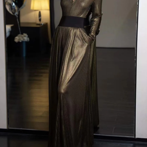 Fashion V Neck Long Sleeve Top High Waist Temperament Loose Pant Solid Two Piece Set