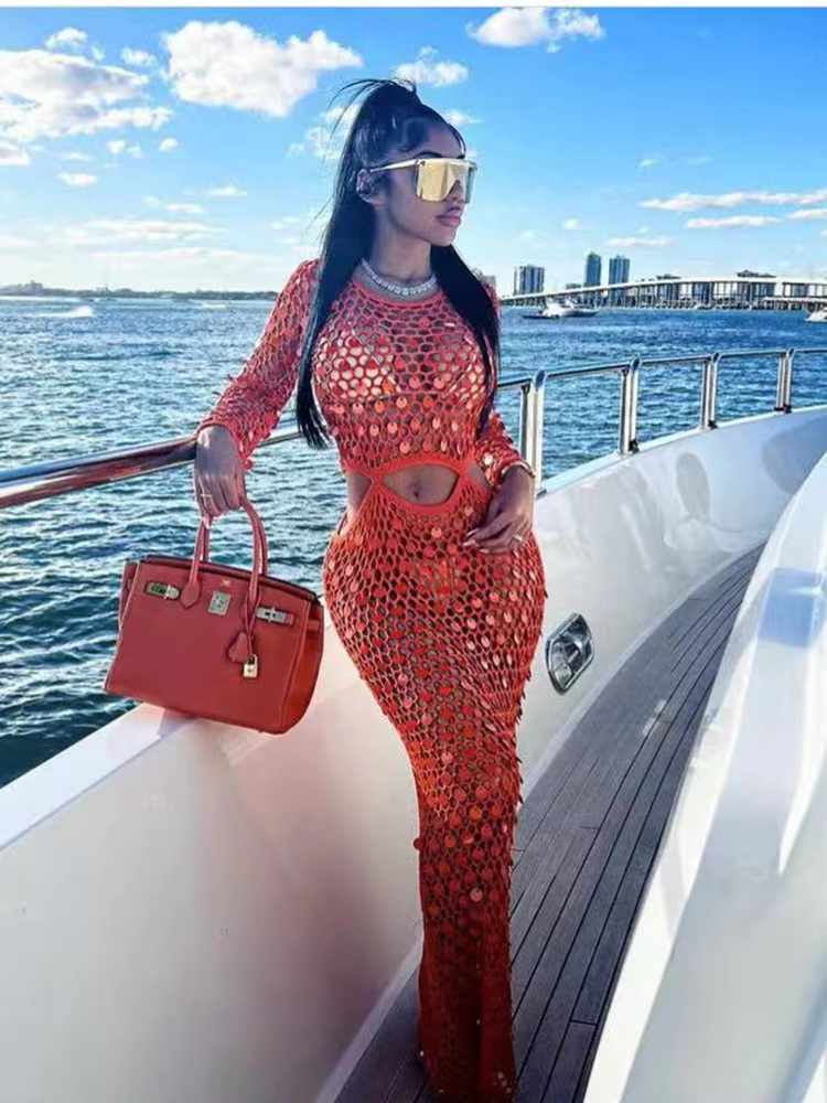 Fishnet Hollow Sequins Holiday Long Sleeve Slim Vacation Beach Maxi Knitted Dresses - Image 5