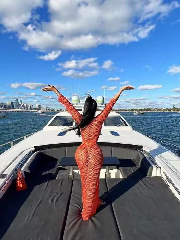 Fishnet Hollow Sequins Holiday Long Sleeve Slim Vacation Beach Maxi Knitted Dresses - Image 6