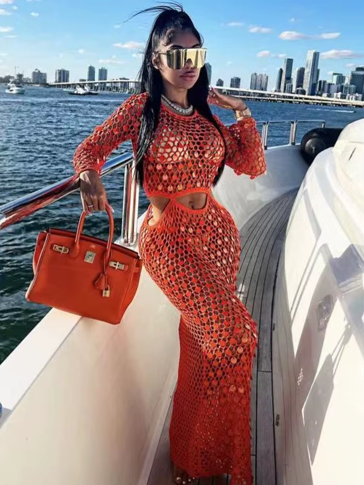 Fishnet Hollow Sequins Holiday Long Sleeve Slim Vacation Beach Maxi Knitted Dresses - Image 4