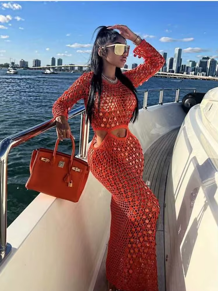 Fishnet Hollow Sequins Holiday Long Sleeve Slim Vacation Beach Maxi Knitted Dresses - Image 3