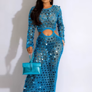 Fishnet Hollow Sequins Holiday Long Sleeve Slim Vacation Beach Maxi Knitted Dresses