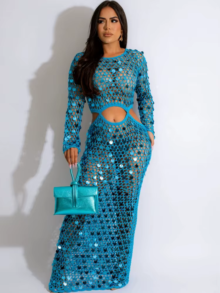Fishnet Hollow Sequins Holiday Long Sleeve Slim Vacation Beach Maxi Knitted Dresses