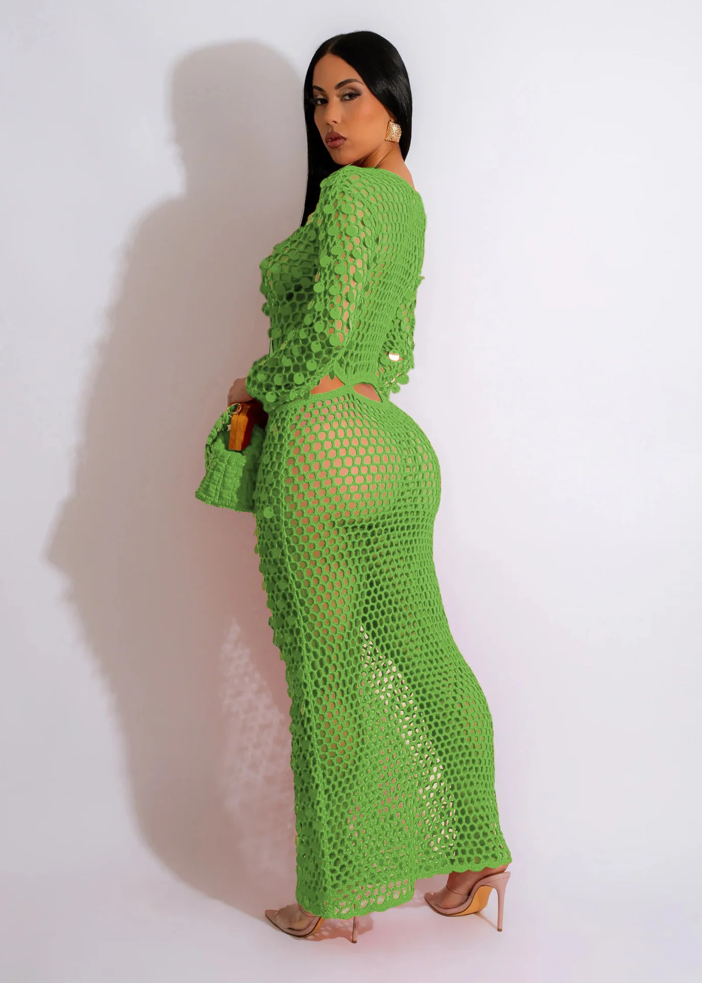Fishnet Hollow Sequins Holiday Long Sleeve Slim Vacation Beach Maxi Knitted Dresses - Image 14
