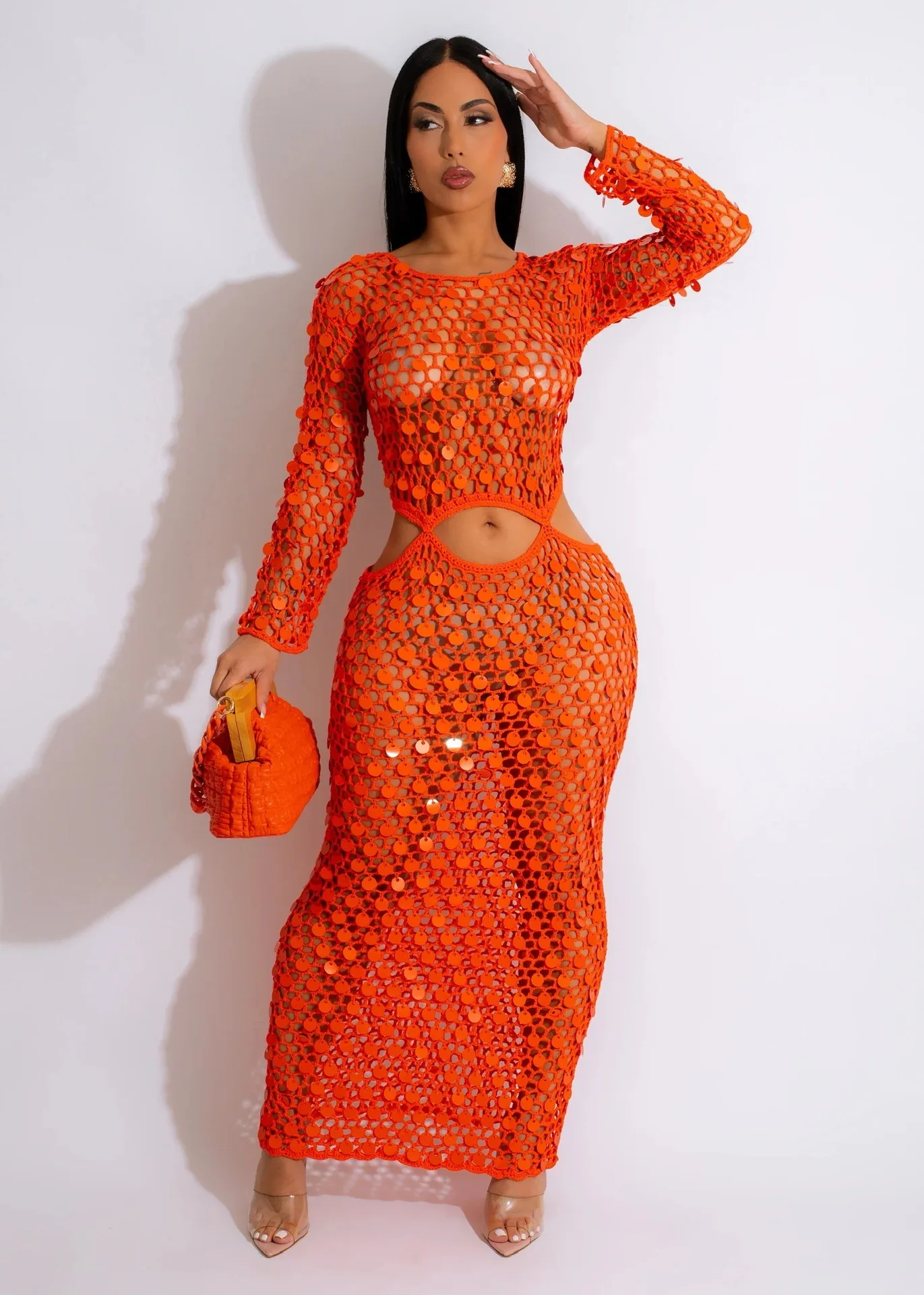 Fishnet Hollow Sequins Holiday Long Sleeve Slim Vacation Beach Maxi Knitted Dresses - Image 9