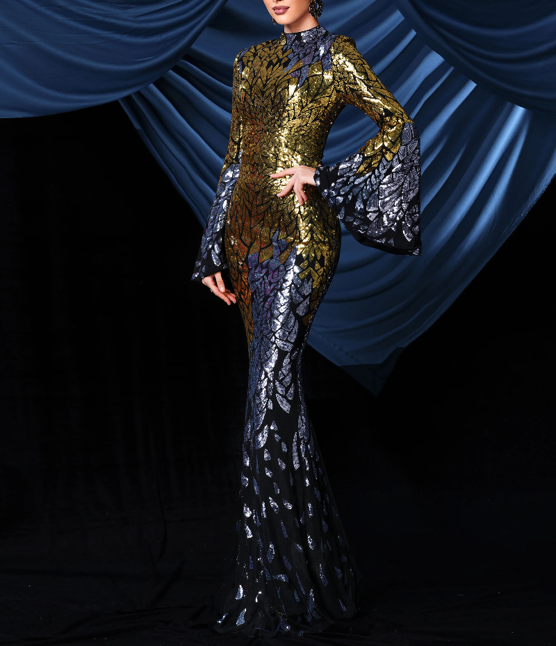 Flare Sleeve Backless Sequin Mermaid Formal Occasion High Quality Luxury Dress - Image 4