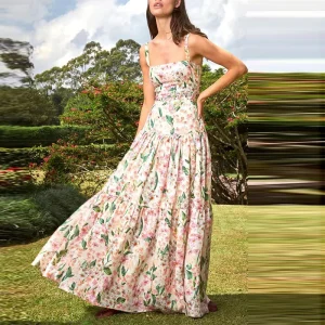 Floral Print A-Line Slash Neck Hollow Sleeveless Backless Straps Boho Long Dress