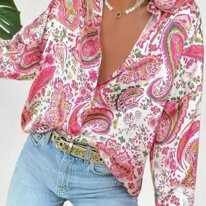 Floral Print Long Sleeve Casual Lapel Elegant Button Front Boho Shirt Blouse