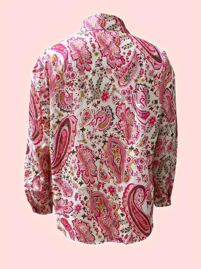 Floral Print Long Sleeve Casual Lapel Elegant Button Front Boho Shirt Blouse - Image 3