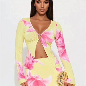 Floral Print Long Sleeve Shirt Tops Club High Waisted Wrap Skirt Mini 2 Piece Set