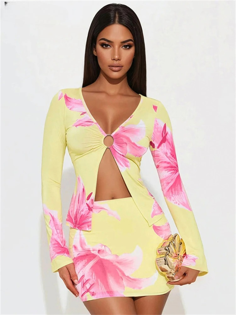 Floral Print Long Sleeve Shirt Tops Club High Waisted Wrap Skirt Mini 2 Piece Set