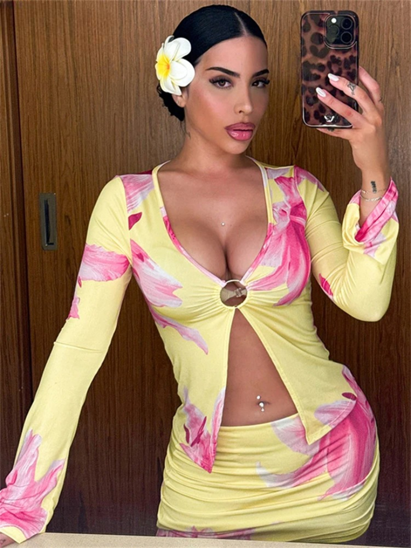 Floral Print Long Sleeve Shirt Tops Club High Waisted Wrap Skirt Mini 2 Piece Set - Image 4