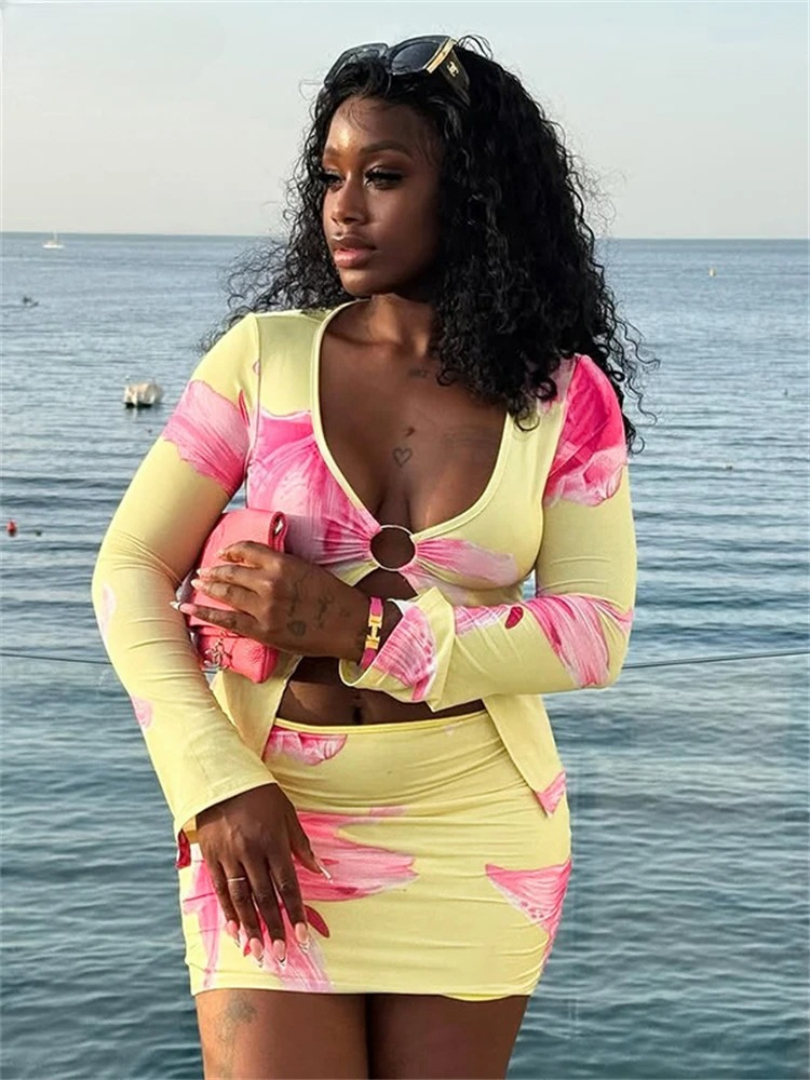 Floral Print Long Sleeve Shirt Tops Club High Waisted Wrap Skirt Mini 2 Piece Set - Image 7