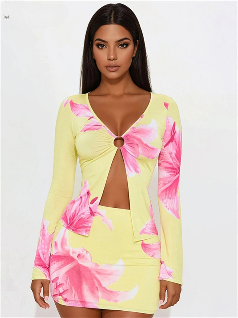 Floral Print Long Sleeve Shirt Tops Club High Waisted Wrap Skirt Mini 2 Piece Set - Image 2
