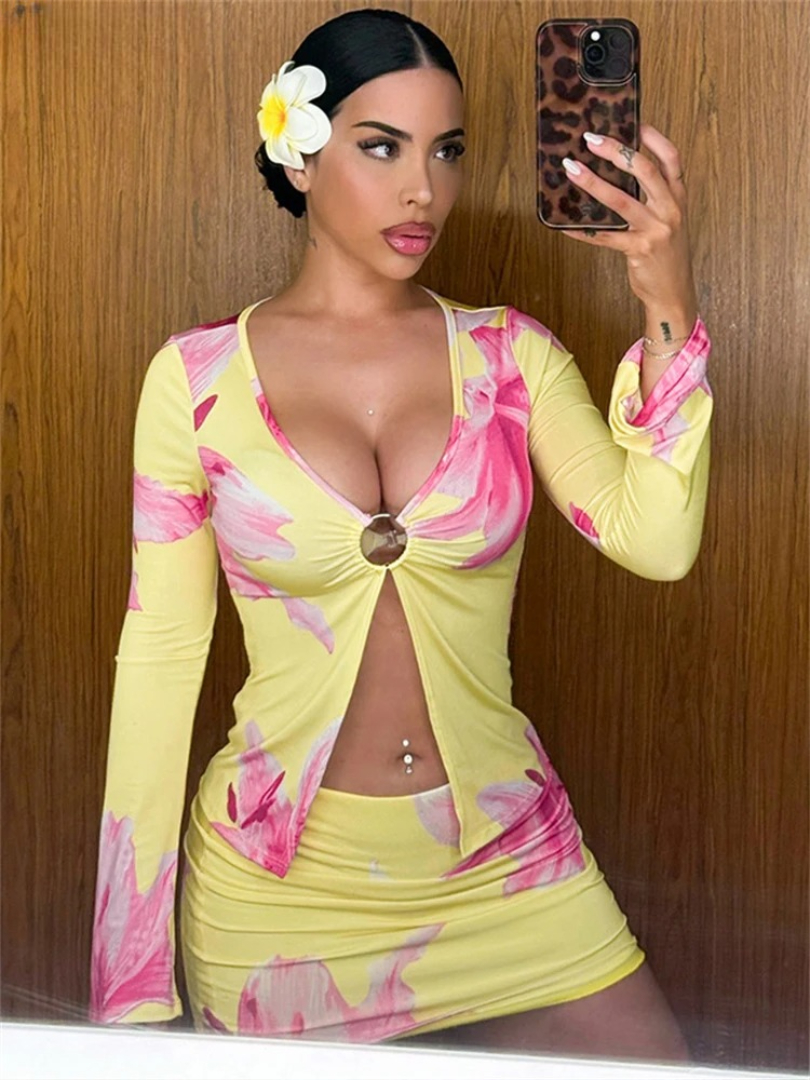 Floral Print Long Sleeve Shirt Tops Club High Waisted Wrap Skirt Mini 2 Piece Set - Image 5