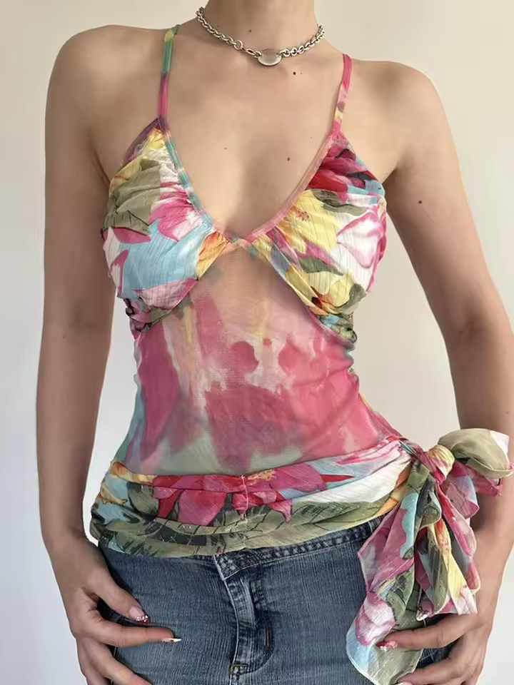 Floral Prints Slim Fit Vest Lace Up Causal Holiday Style Chic Trendy Camisole Tops
