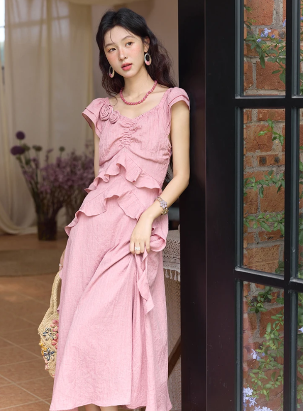 Flower Flying Sleeve Clothing Holidays Fashion V-neck Dress - Image 6