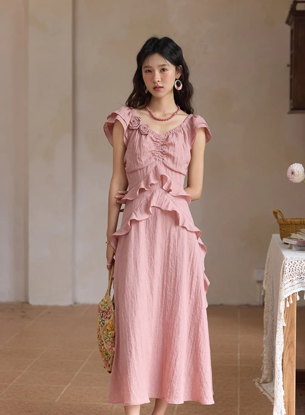 Flower Flying Sleeve Clothing Holidays Fashion V-neck Dress - Image 9