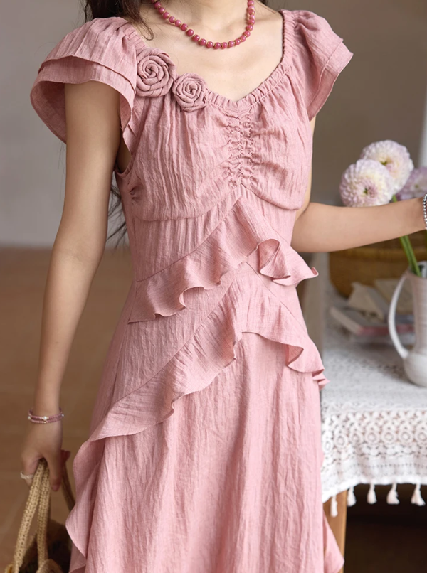 Flower Flying Sleeve Clothing Holidays Fashion V-neck Dress - Image 3
