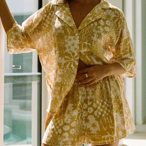 Flower Print Short Sleeve Shirt With Elastic Waist Shorts Set