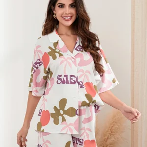 Causal Flower Print Short Sleeve Shirt Single Breasted Shorts Set