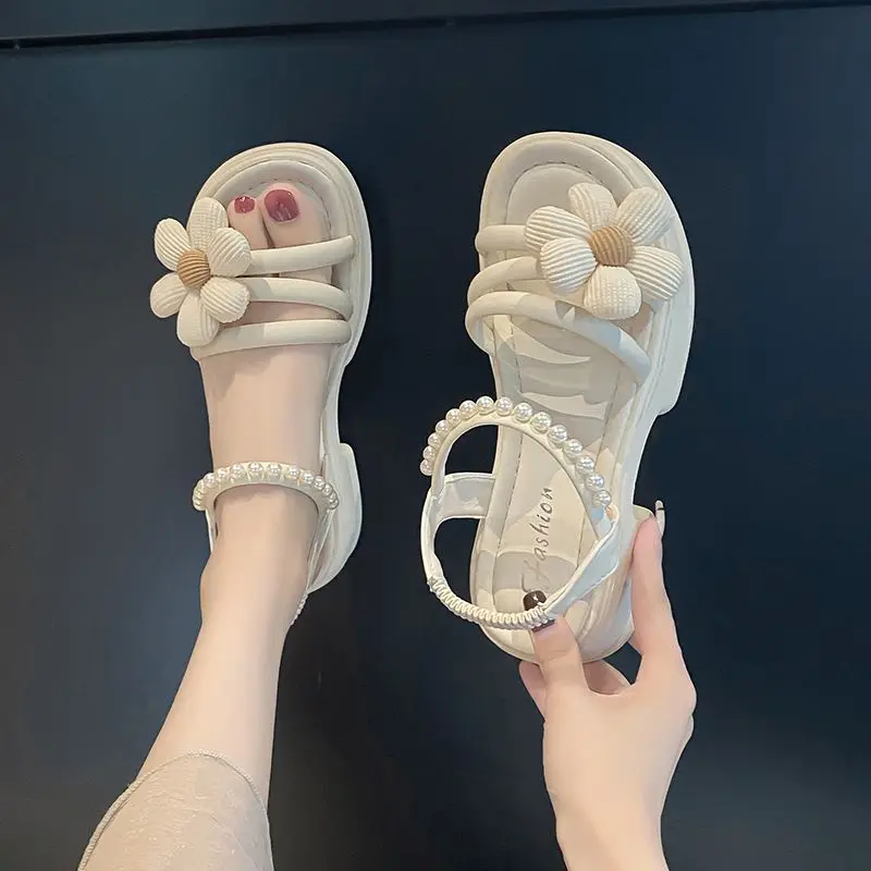 Flowers Pearl Platform Block Heel Roman Style Sandals - Image 13