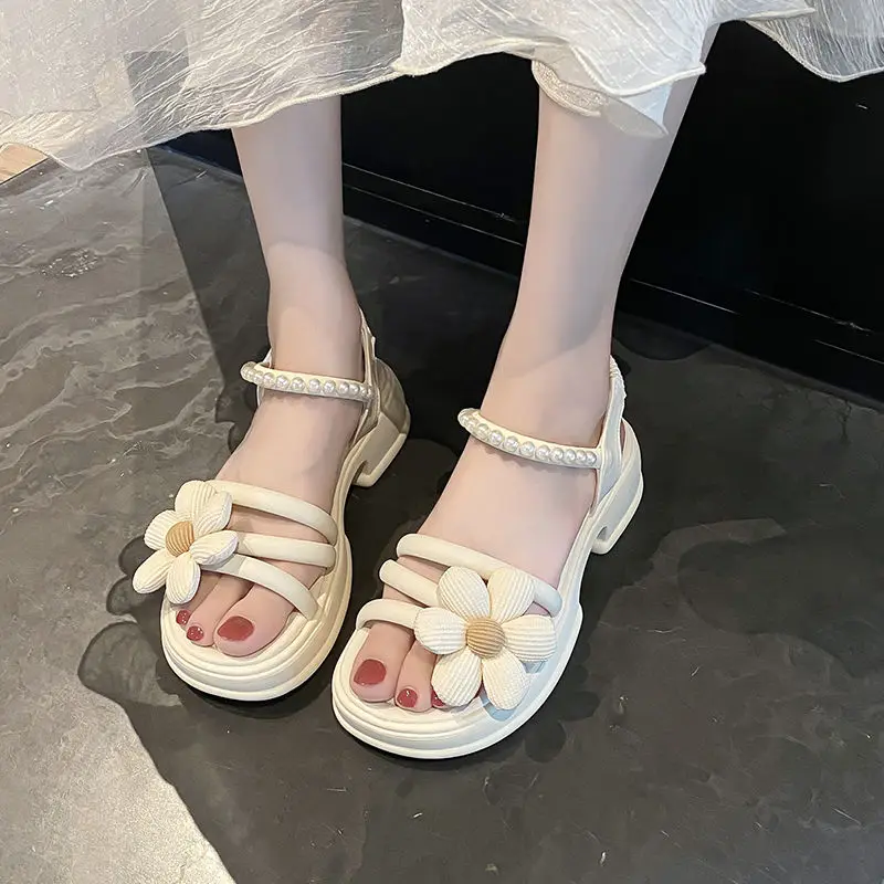 Flowers Pearl Platform Block Heel Roman Style Sandals - Image 11
