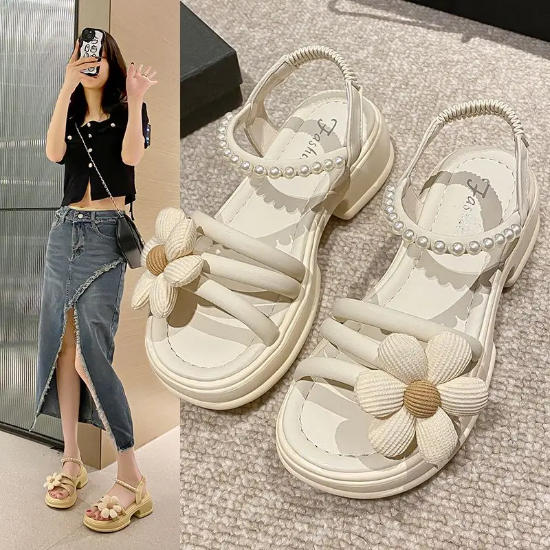 Flowers Pearl Platform Block Heel Roman Style Sandals - Image 15