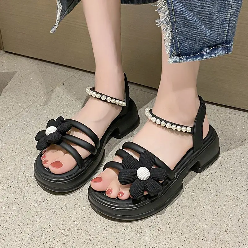 Flowers Pearl Platform Block Heel Roman Style Sandals - Image 8