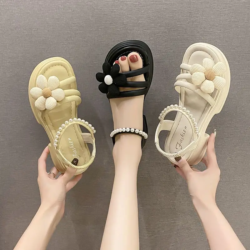 Flowers Pearl Platform Block Heel Roman Style Sandals - Image 22