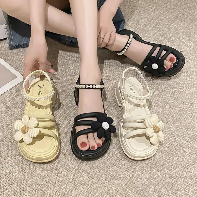 Flowers Pearl Platform Block Heel Roman Style Sandals - Image 21