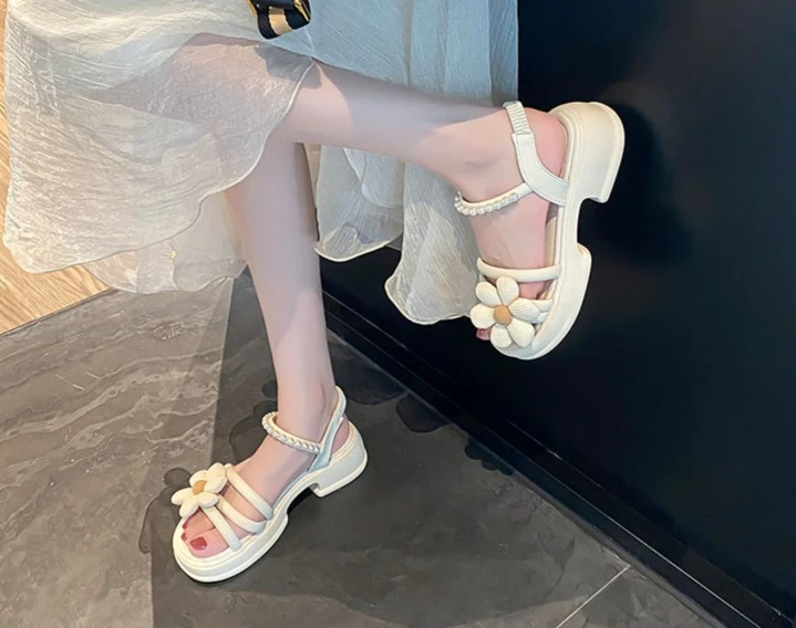 Flowers Pearl Platform Block Heel Roman Style Sandals - Image 14
