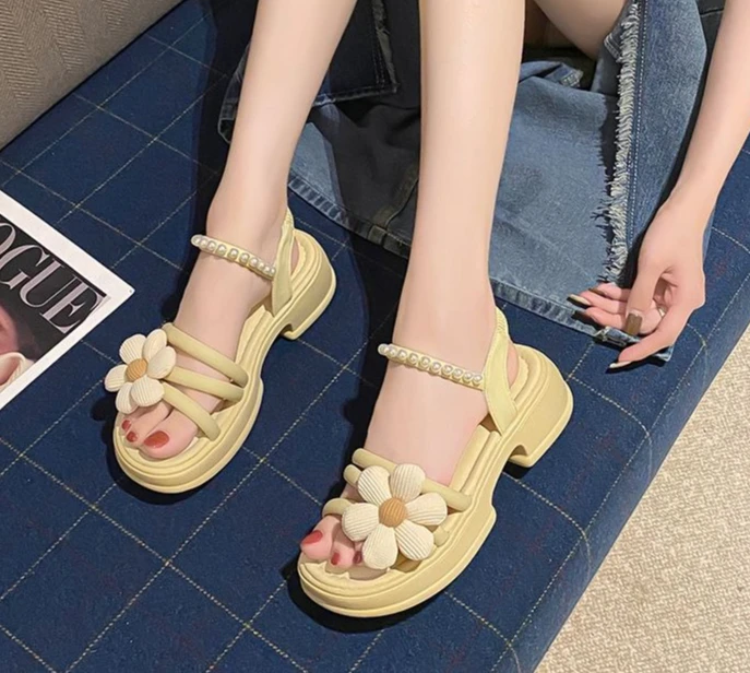 Flowers Pearl Platform Block Heel Roman Style Sandals - Image 19