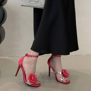 Flowers Rhinestones Square toe Gladiator Ankle Strap High Heels Sandals