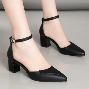 Formal Comfortable Solid Color Pointed Toe Buckle Thick High-heeled