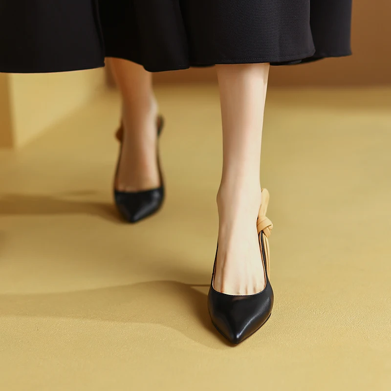 Formal Genuine Leather Knot Pointed Toe Thin High Heel Sandals - Image 5