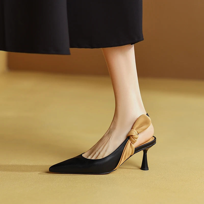 Formal Genuine Leather Knot Pointed Toe Thin High Heel Sandals - Image 6