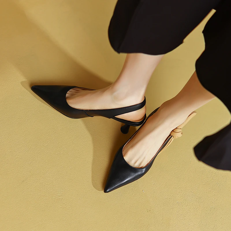 Formal Genuine Leather Knot Pointed Toe Thin High Heel Sandals - Image 3