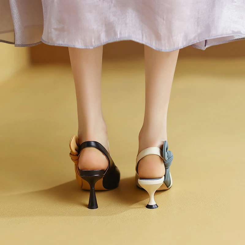 Formal Genuine Leather Knot Pointed Toe Thin High Heel Sandals - Image 12