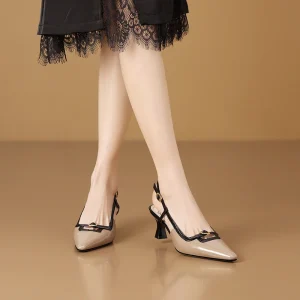 Formal Genuine Leather Thick Heeled Metal Pointed Toe Pumps Sandals