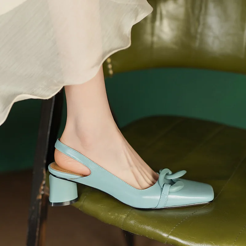 Formal Genuine Personality Leather Buckle Square Toe Thick Sandals - Image 3