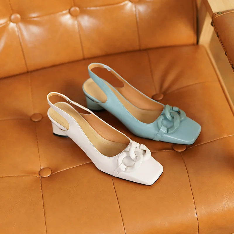 Formal Genuine Personality Leather Buckle Square Toe Thick Sandals - Image 17