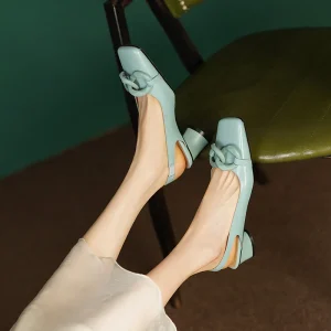 Formal Genuine Personality Leather Buckle Square Toe Thick Sandals