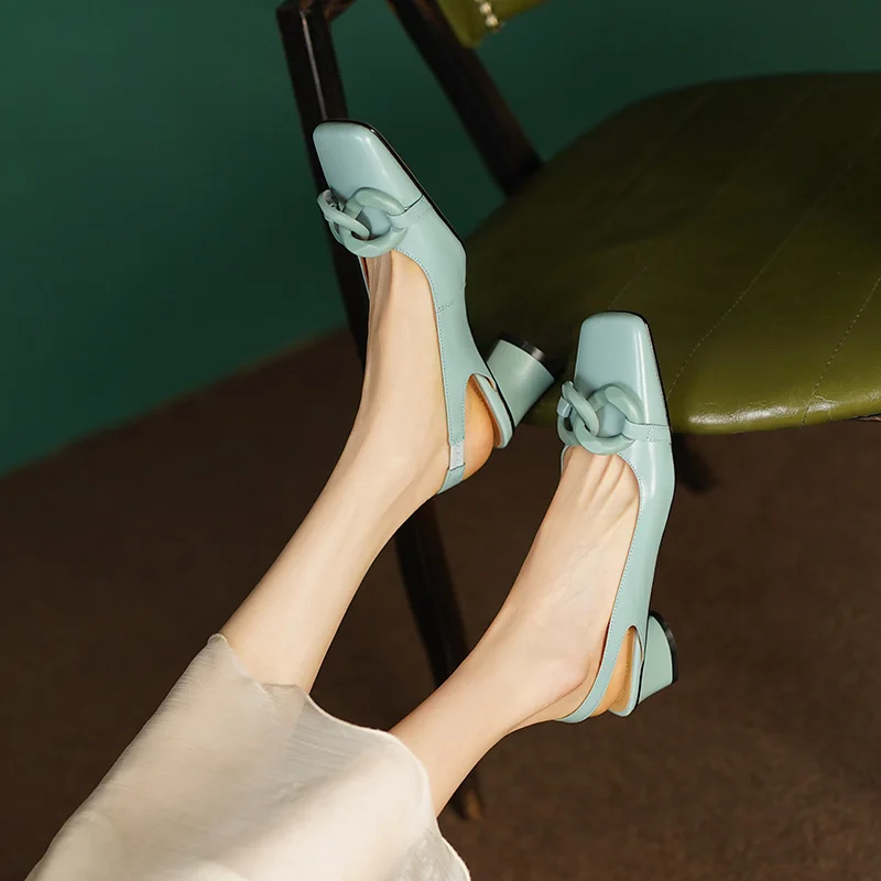 Formal Genuine Personality Leather Buckle Square Toe Thick Sandals