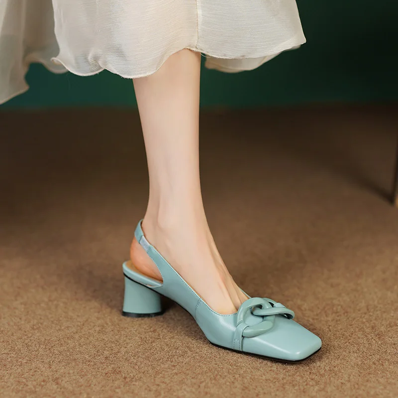 Formal Genuine Personality Leather Buckle Square Toe Thick Sandals - Image 5