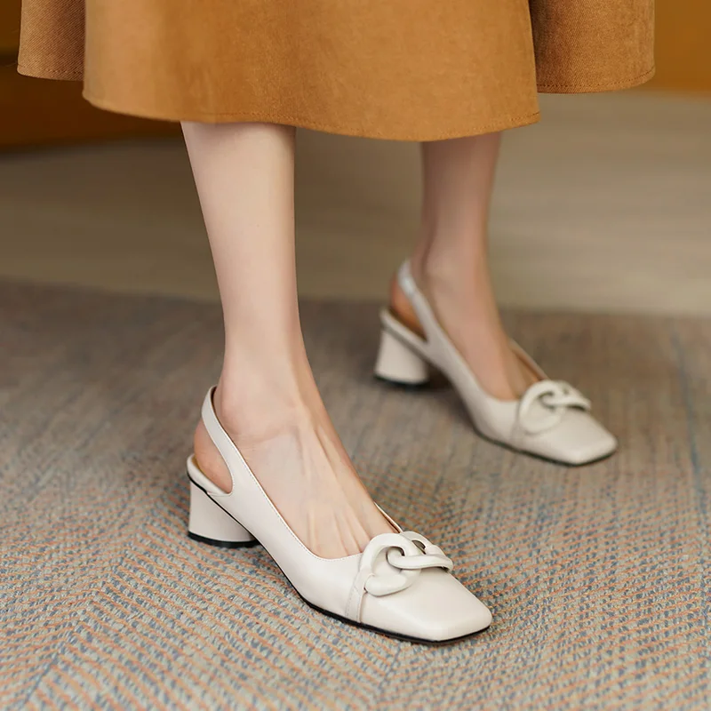 Formal Genuine Personality Leather Buckle Square Toe Thick Sandals - Image 9