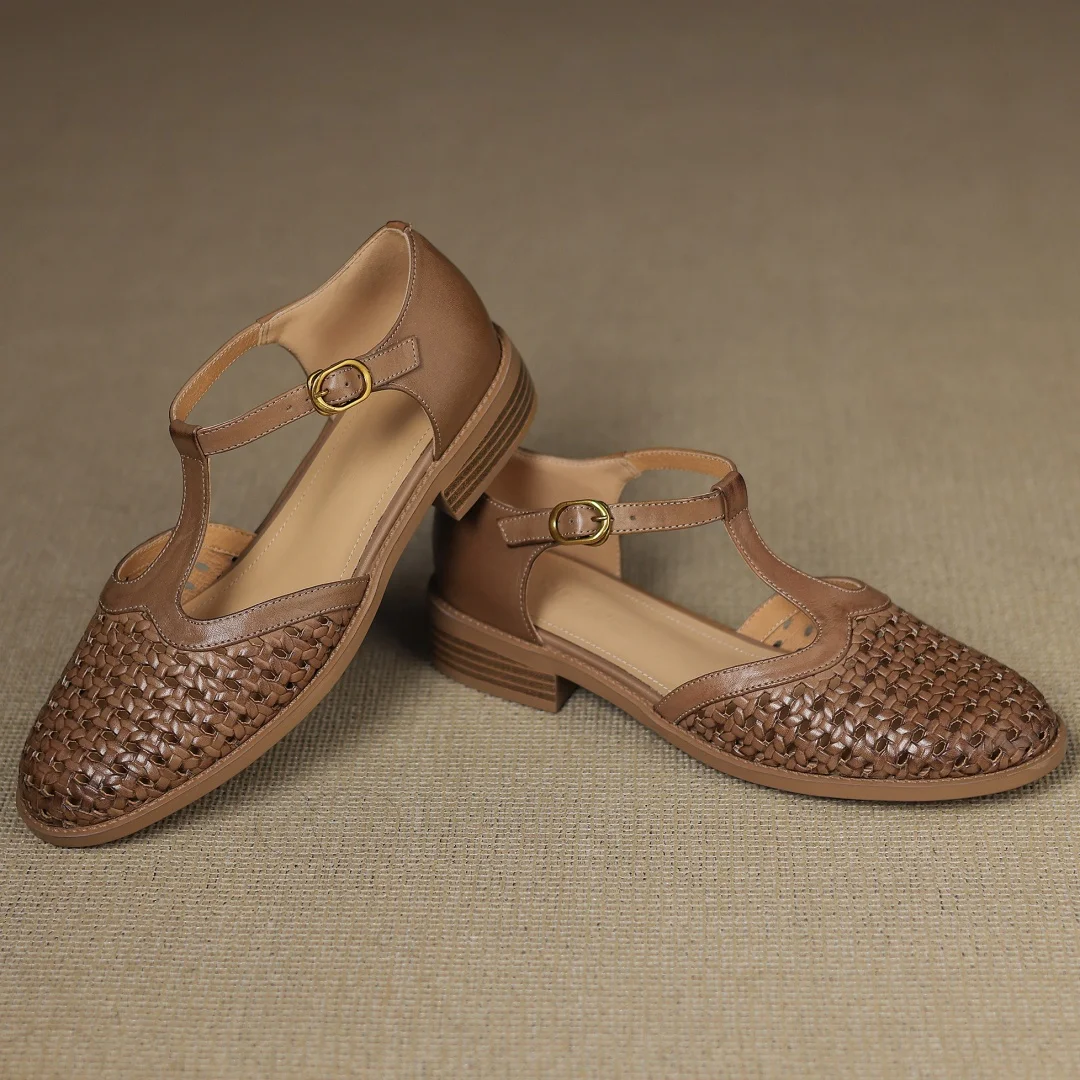 Formal Hollow-Out Cow Leather Narrow Band Round Toe High Quality Flats Sandals - Image 12